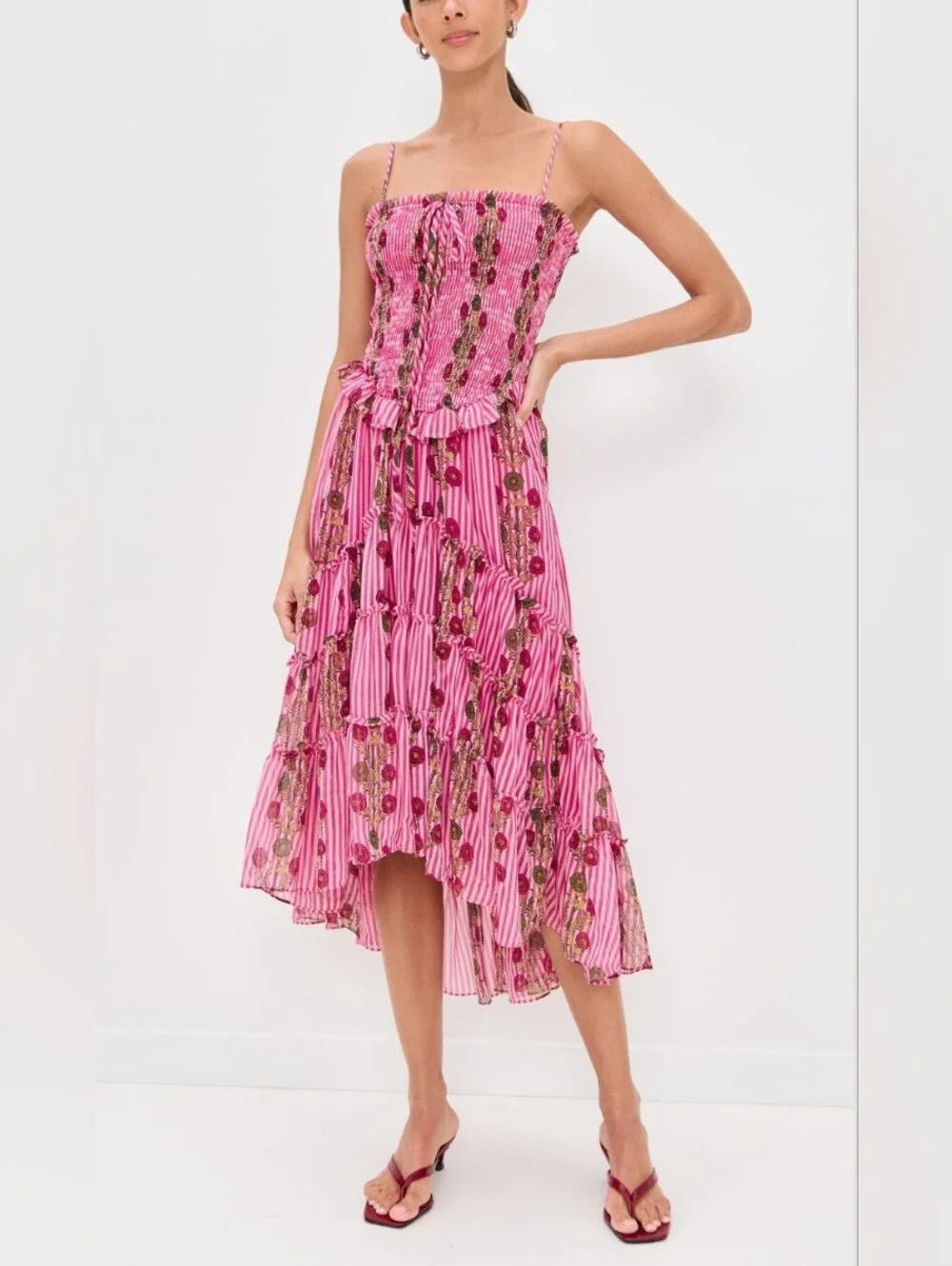 Free People Alejandra Hot Pink Combo Striped Floral High-Low Midi Dress - Picture 1 of 16